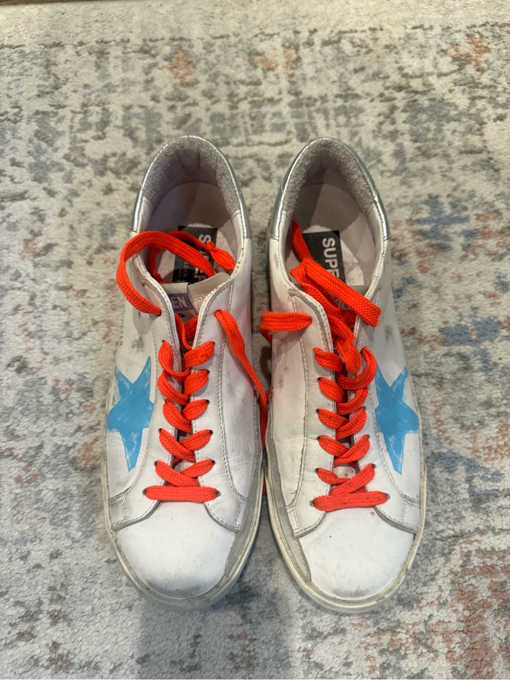 Golden Goose White Sneakers with Blue Star & Orange Laces